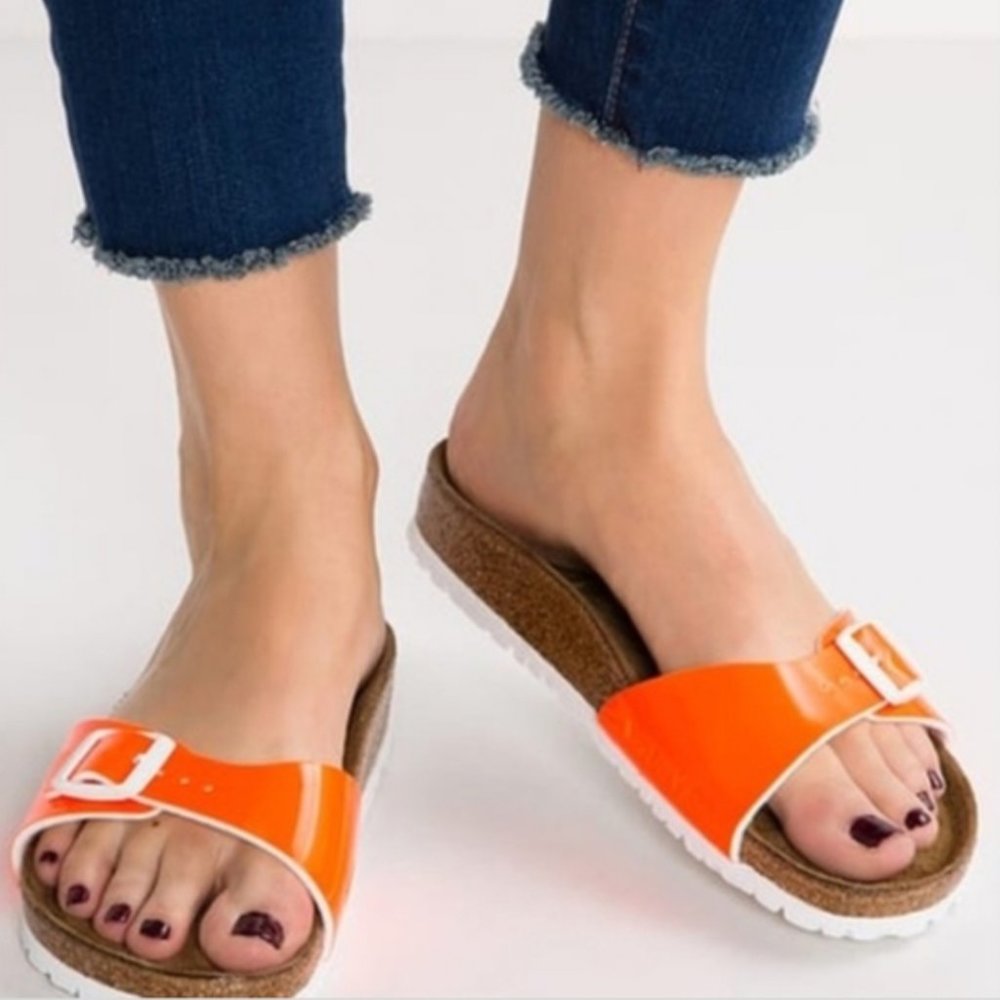 NEW Women's Madrid Birkenstocks-Patent Neon Orange